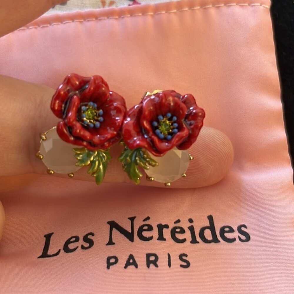 Les Néréides Red Poppy Earrings Hand Painted Enamel Gold Tone Floral Studs